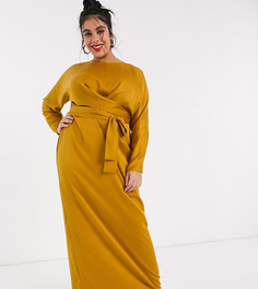 Атласное платье макси с запахом и рукавами "летучая мышь" ASOS DESIGN Curve-Желтый