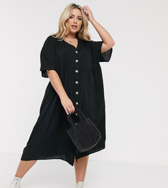 Свободное платье миди на пуговицах с V-образным вырезом ASOS DESIGN Curve-Черный