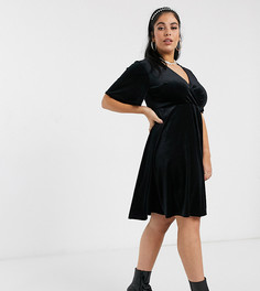 Черное бархатное платье мини с V-образным вырезом New Look Curve-Черный