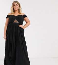 Платье макси с открытыми плечами, плиссировкой и кружевом ASOS DESIGN Curve-Черный