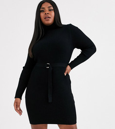 Платье мини в рубчик с поясом и высоким воротником ASOS DESIGN Curve-Черный