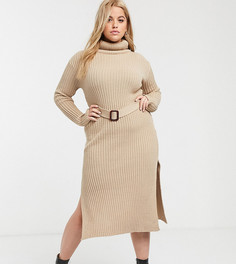 Бежевое платье-водолазка миди с поясом In The Style x Billie Faiers Plus-Коричневый