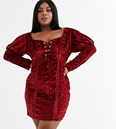Бархатное платье мини ягодного цвета со шнуровкой и вышивкой ришелье ASOS DESIGN Curve-Красный