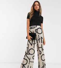 Атласные широкие брюки с абстрактным принтом ASOS DESIGN Tall-Бежевый