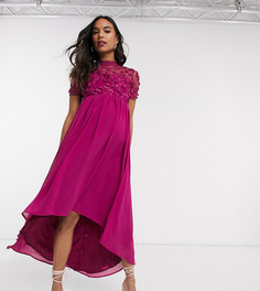 Платье миди цвета фуксии с асимметричным краем и кружевной отделкой Chi Chi London Maternity-Розовый