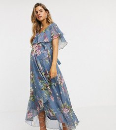 Платье миди с асимметричным подолом, цветочным принтом, кейпом и завязками на плечах ASOS DESIGN Maternity-Синий