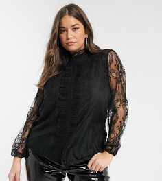Черная блузка с оборками и кружевной отделкой River Island Plus-Черный