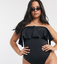 Черный слитный купальник-бандо с оборками ASOS DESIGN recycled curve