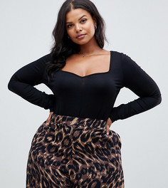 Боди черного цвета с вырезом сердечком и длинными рукавами ASOS DESIGN Curve-Черный