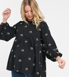 Свободный топ с длинными рукавами и цветочной вышивкой ASOS DESIGN Maternity-Черный