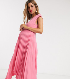 Розовое платье миди с V-образным вырезом и плиссированной асимметричной юбкой ASOS DESIGN Maternity-Фиолетовый