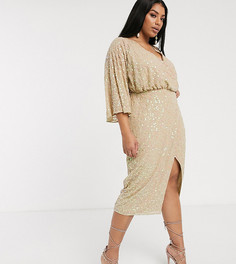 Платье миди с широкими рукавами и пайетками ASOS DESIGN Curve-Бежевый
