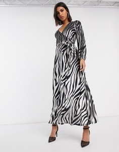 Бархатное платье макси с запахом и зебровым принтом ASOS DESIGN-Мульти
