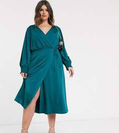 Сине-зеленое платье миди с запахом ASOS DESIGN Curve-Синий