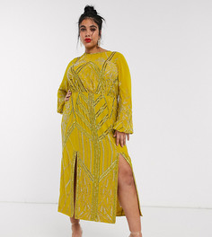 Платье миди с рукавом на манжете и отделкой ASOS DESIGN Curve-Желтый