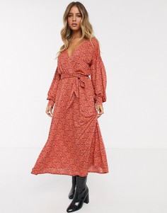 Красное платье миди с запахом, поясом и цветочным принтом ASOS DESIGN-Мульти