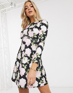 Черное платье мини со стразами и цветочным принтом ASOS DESIGN-Мульти