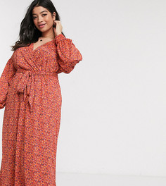 Красное платье миди с запахом, поясом и цветочным принтом ASOS DESIGN Curve-Мульти