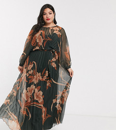 Плиссированное платье макси с поясом и цветочным принтом ASOS DESIGN Curve-Мульти
