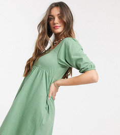 Зеленое свободное платье с квадратным вырезом и пышными рукавами ASOS DESIGN Petite-Зеленый