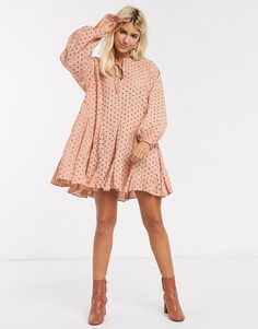 Бежевое платье мини А-силуэта с вышивкой ришелье ASOS DESIGN-Розовый