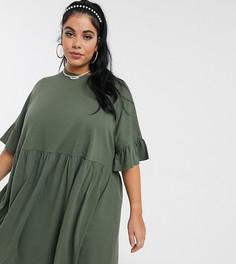 Свободное платье цвета хаки с рукавами-оборками ASOS DESIGN Curve-Зеленый