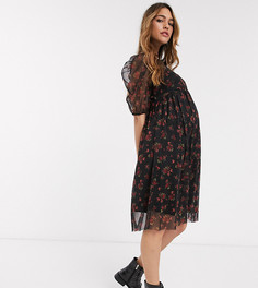 Черное платье миди с цветочным принтом New Look Maternity-Черный