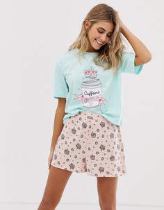 Пижамный комплект с шортами и принтом "caffeine queen" ASOS DESIGN-Мульти