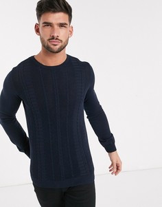 Темно-синий легкий хлопковый джемпер с узором "косичка" New Look