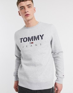 Серый меланжевый свитшот с круглым вырезом и логотипом Tommy Jeans