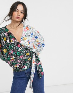 Топ с рукавами 3/4 и драпировкой ASOS DESIGN-Мульти