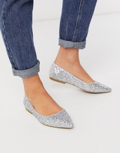 Балетки с серебристыми блестками и острым носком ASOS DESIGN-Серебряный