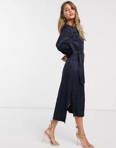 Атласное платье в стиле милитари со звериным принтом и пряжкой Ted Baker-Синий