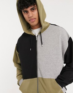Oversized-худи цвета хаки/черного цвета в стиле колор блок ASOS DESIGN-Черный