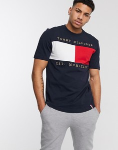 Темно-синяя свободная футболка с вышитым логотипом-флажком Tommy Hilfiger-Темно-синий