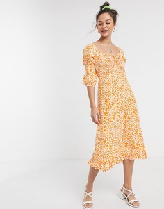 Оранжевое платье миди с квадратным вырезом, рукавами 3/4 и цветочным принтом Faithfull-Оранжевый
