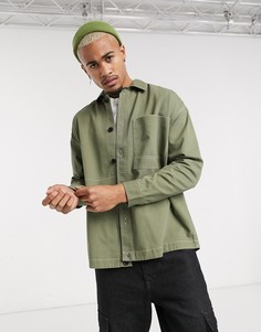 Рубашка цвета хаки с контрастной строчкой Bershka-Зеленый