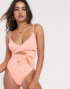 Коралловый фактурный слитный купальник с запахом и завязкой River Island-Оранжевый