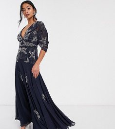 Платье макси с пайетками и бисером ASOS DESIGN Petite-Темно-синий