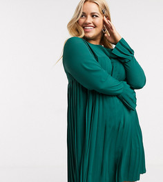 Зеленое плиссированное платье-трапеция мини с длинными рукавами ASOS DESIGN Curve-Зеленый
