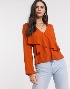 Лонгслив с V-образным вырезом и оборками ASOS DESIGN-Оранжевый