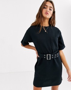 Черное платье-рубашка с поясом Bershka-Черный