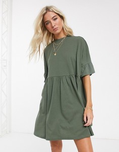 Свободное oversized-платье цвета хаки с рукавами-оборками ASOS DESIGN-Зеленый