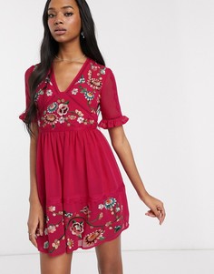 Розовое платье мини с вышивкой и кружевной отделкой ASOS DESIGN-Розовый