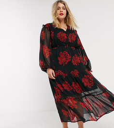 Чайное платье макси с цветочным принтом Neon Rose Plus-Черный