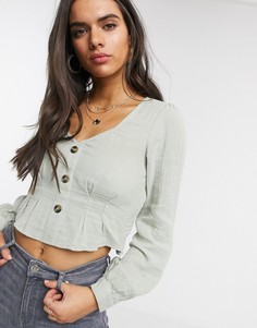 Зеленый льняной топ с объемными рукавами Vero Moda