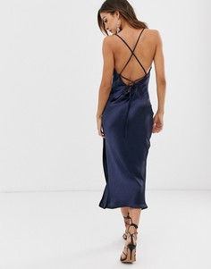 Атласное платье-комбинация миди со шнуровкой на спине ASOS DESIGN-Темно-синий