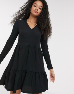 Черное фактурное свободное платье с V-образным вырезом и оборкой New Look-Черный