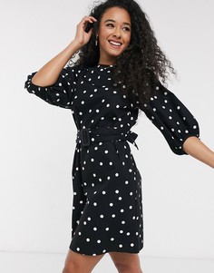 Поплиновое платье мини в горошек с поясом New Look-Черный