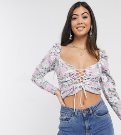 Лонгслив со шнуровкой и цветочным принтом ASOS DESIGN Petite-Розовый